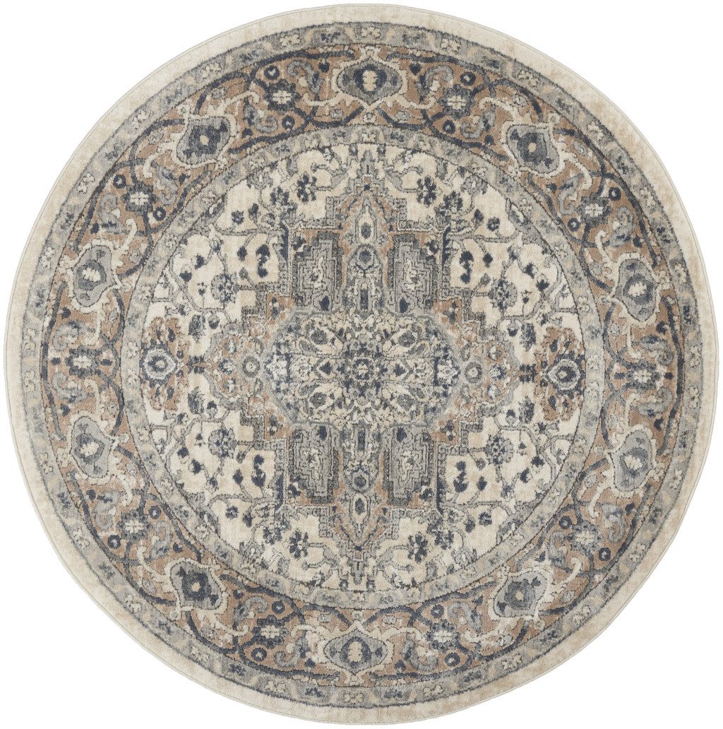 5′ X 5′ Ivory and Grey Oriental Round Rug