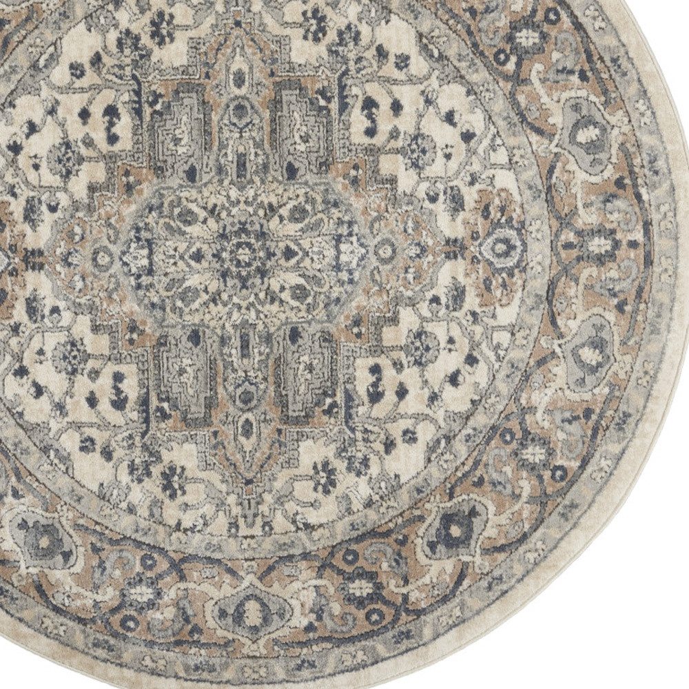 5′ X 5′ Ivory and Grey Oriental Round Rug