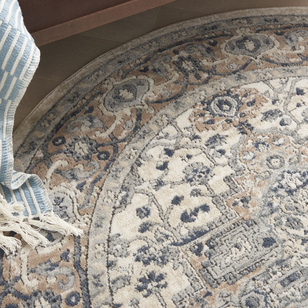 5′ X 5′ Ivory and Grey Oriental Round Rug