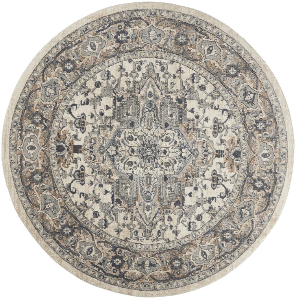 8′ Ivory and Grey Oriental Round Rug