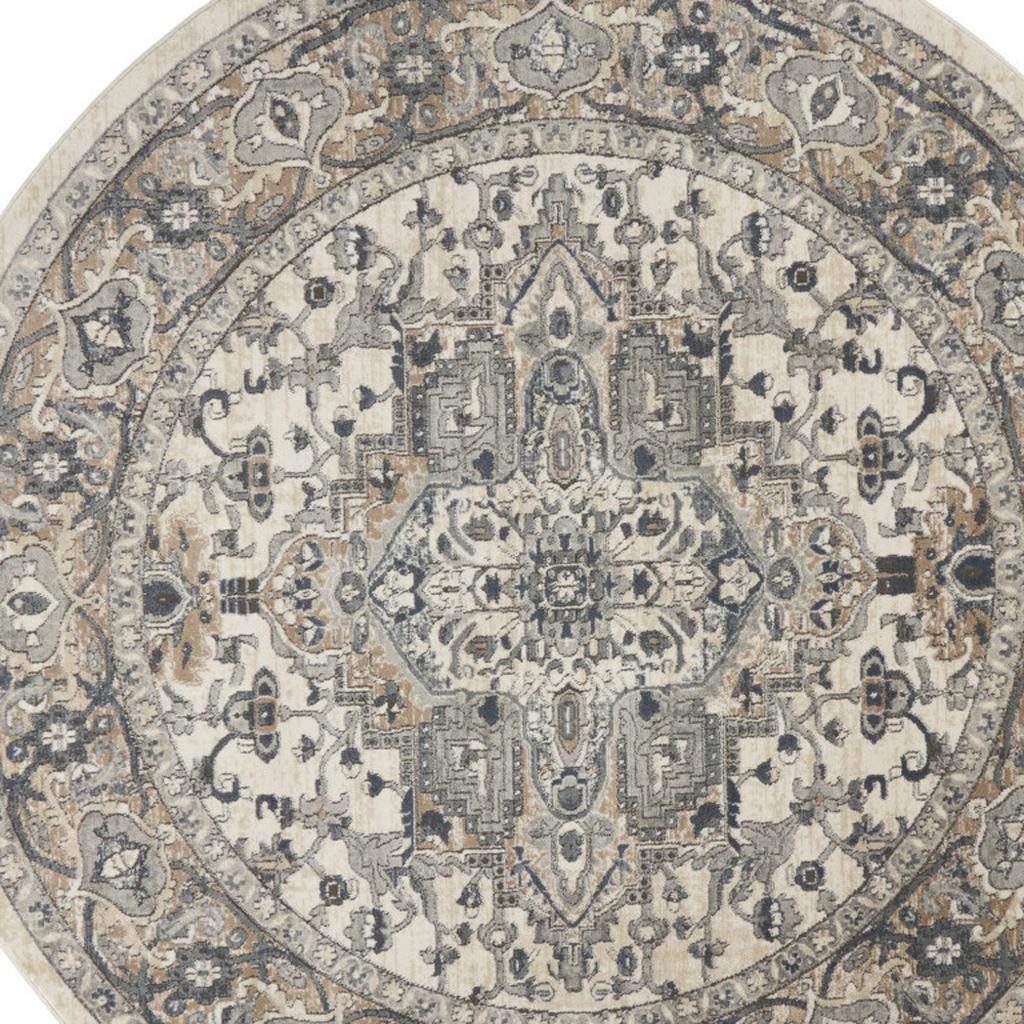 8′ Ivory and Grey Oriental Round Rug
