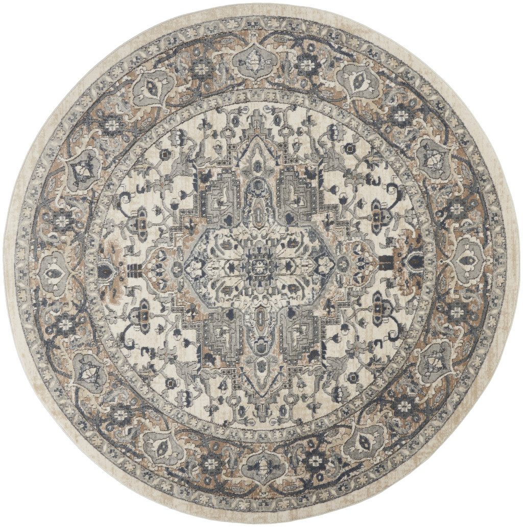 8′ Ivory and Grey Oriental Round Rug