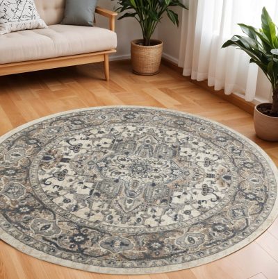 8′ Ivory and Grey Oriental Round Rug