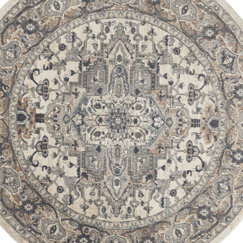 8′ Ivory and Grey Oriental Round Rug