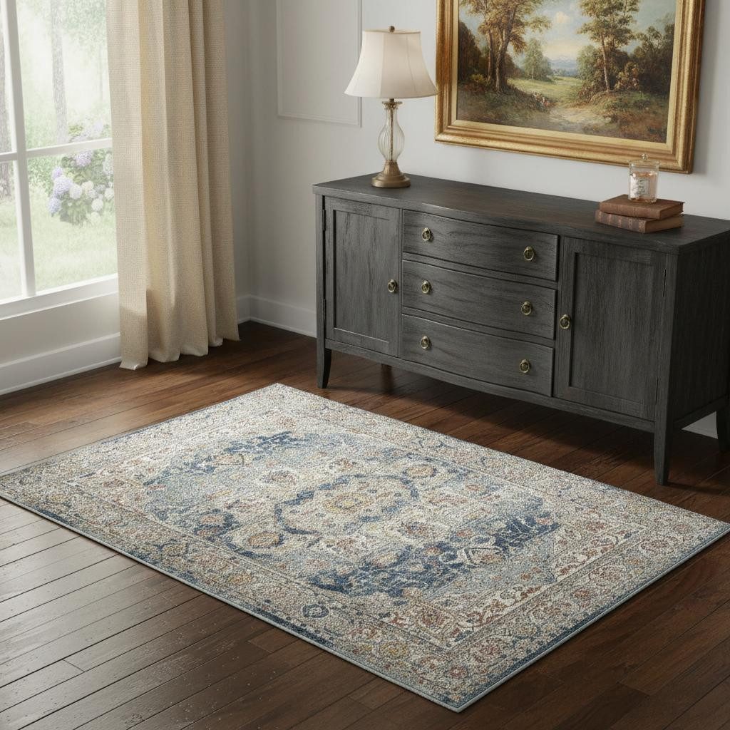 4′ X 6′ Ivory And Blue Oriental Area Rug