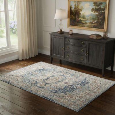 4′ X 6′ Ivory And Blue Oriental Area Rug