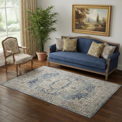 5′ X 7′ Ivory And Blue Oriental Area Rug
