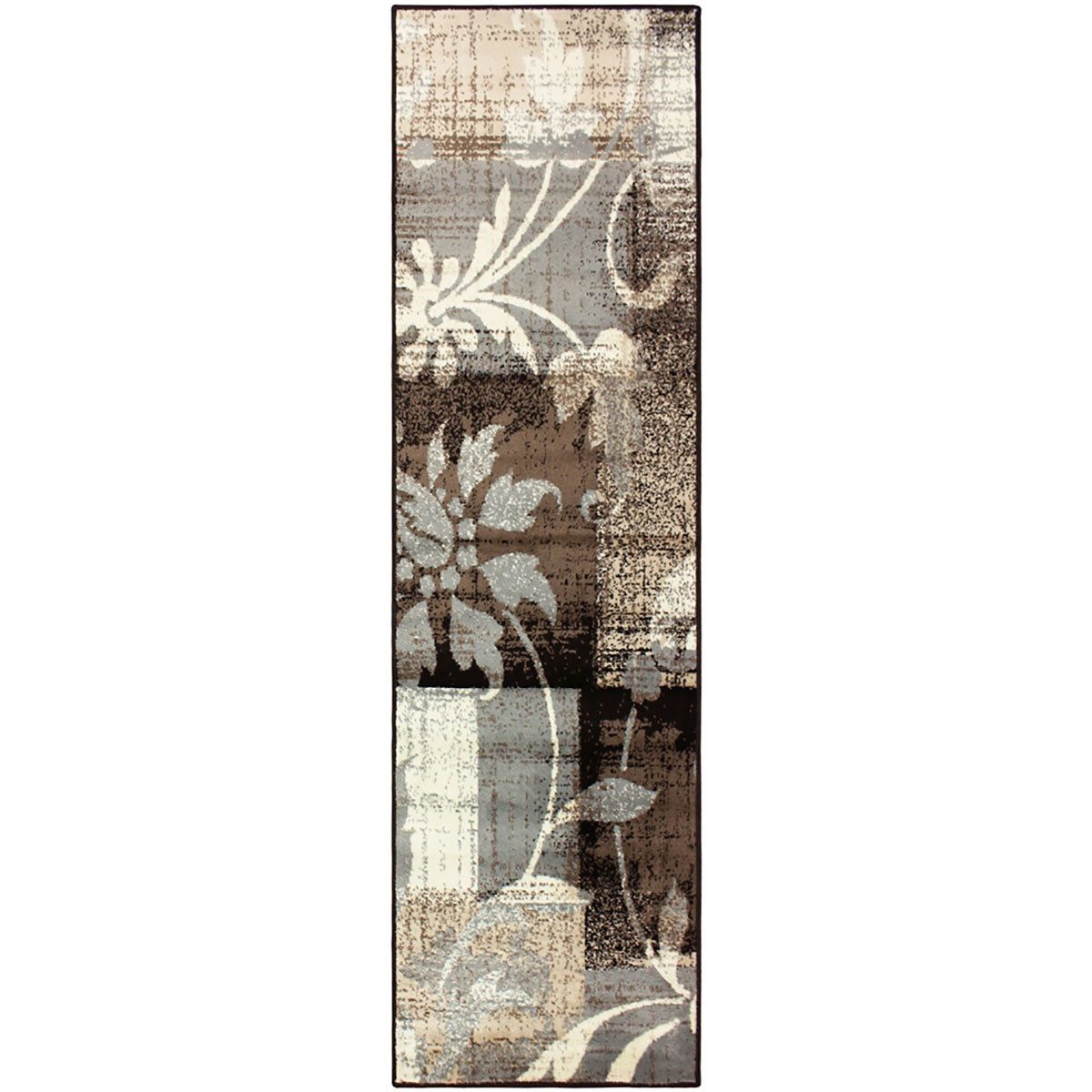 10′ Beige Brown and Gray Floral Distressed Runner Rug