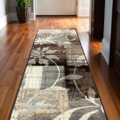 10′ Beige Brown and Gray Floral Distressed Runner Rug