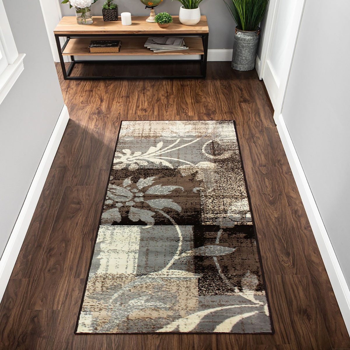 12′ Beige Brown and Gray Distressed Floral Runner