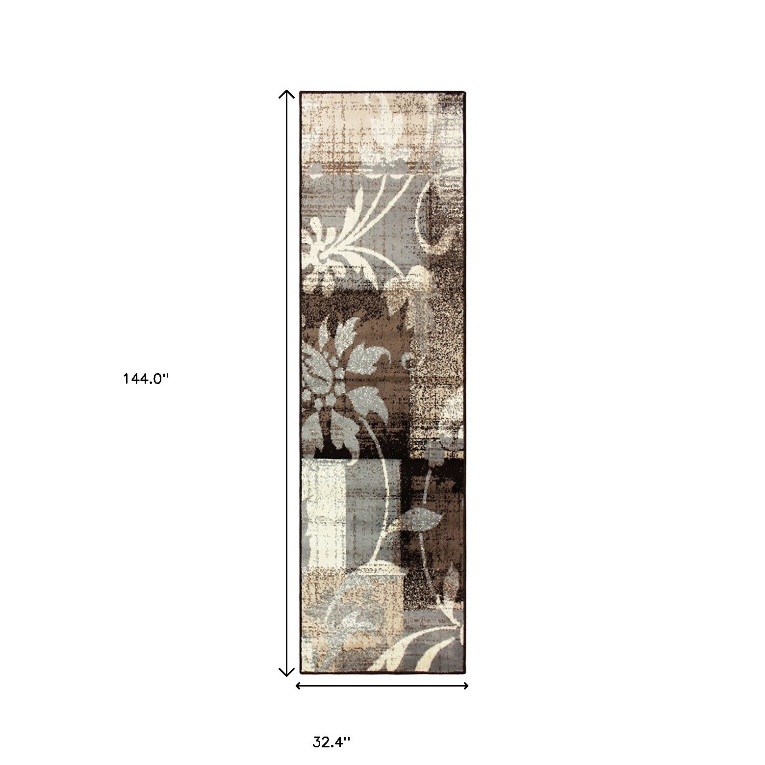 12′ Beige Brown and Gray Distressed Floral Runner