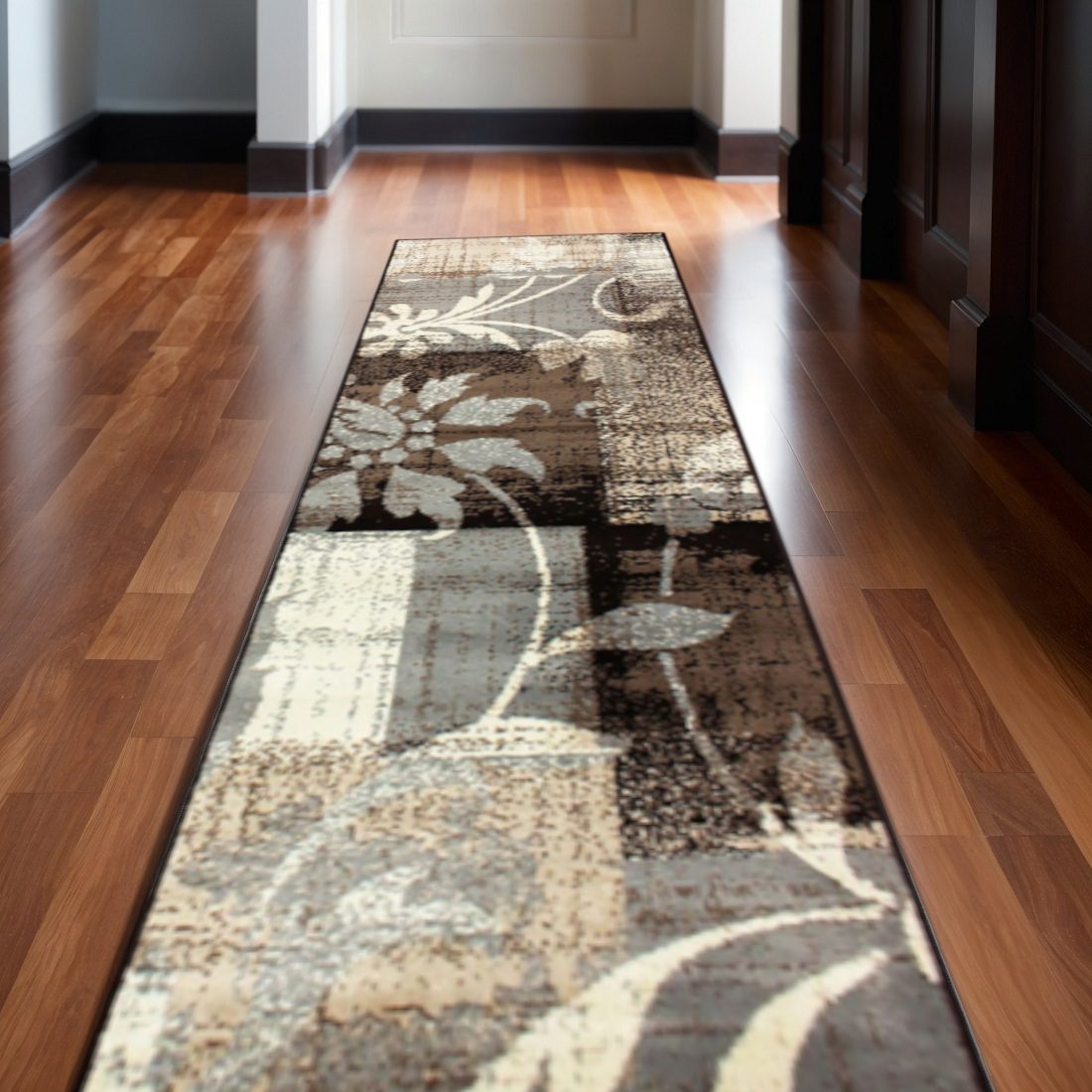 12′ Beige Brown and Gray Distressed Floral Runner