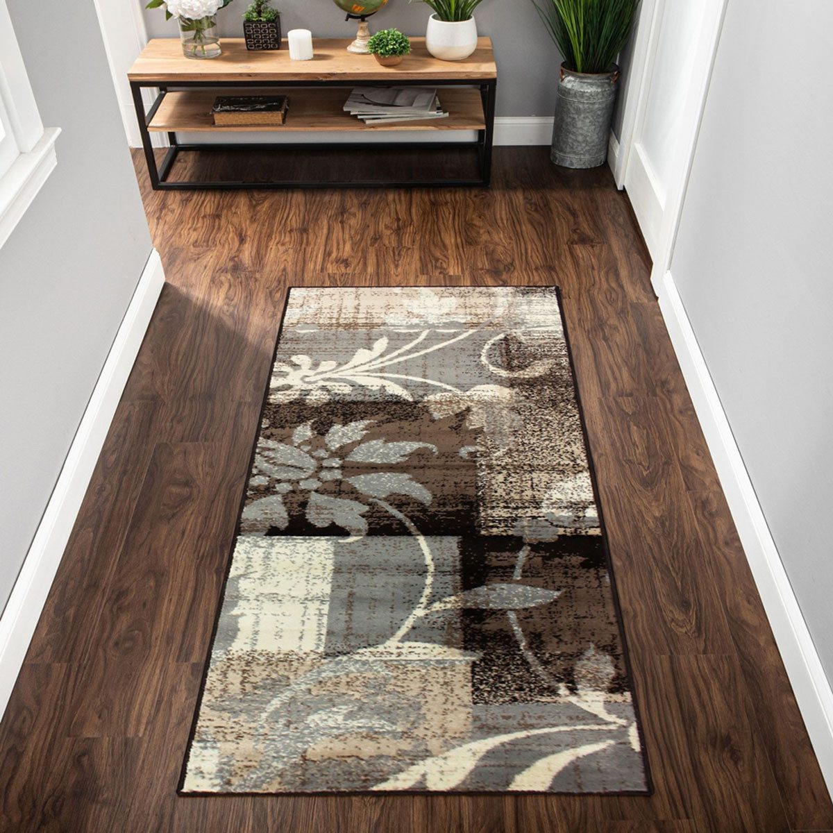 8′ Beige Brown and Gray Floral Distressed Runner Rug