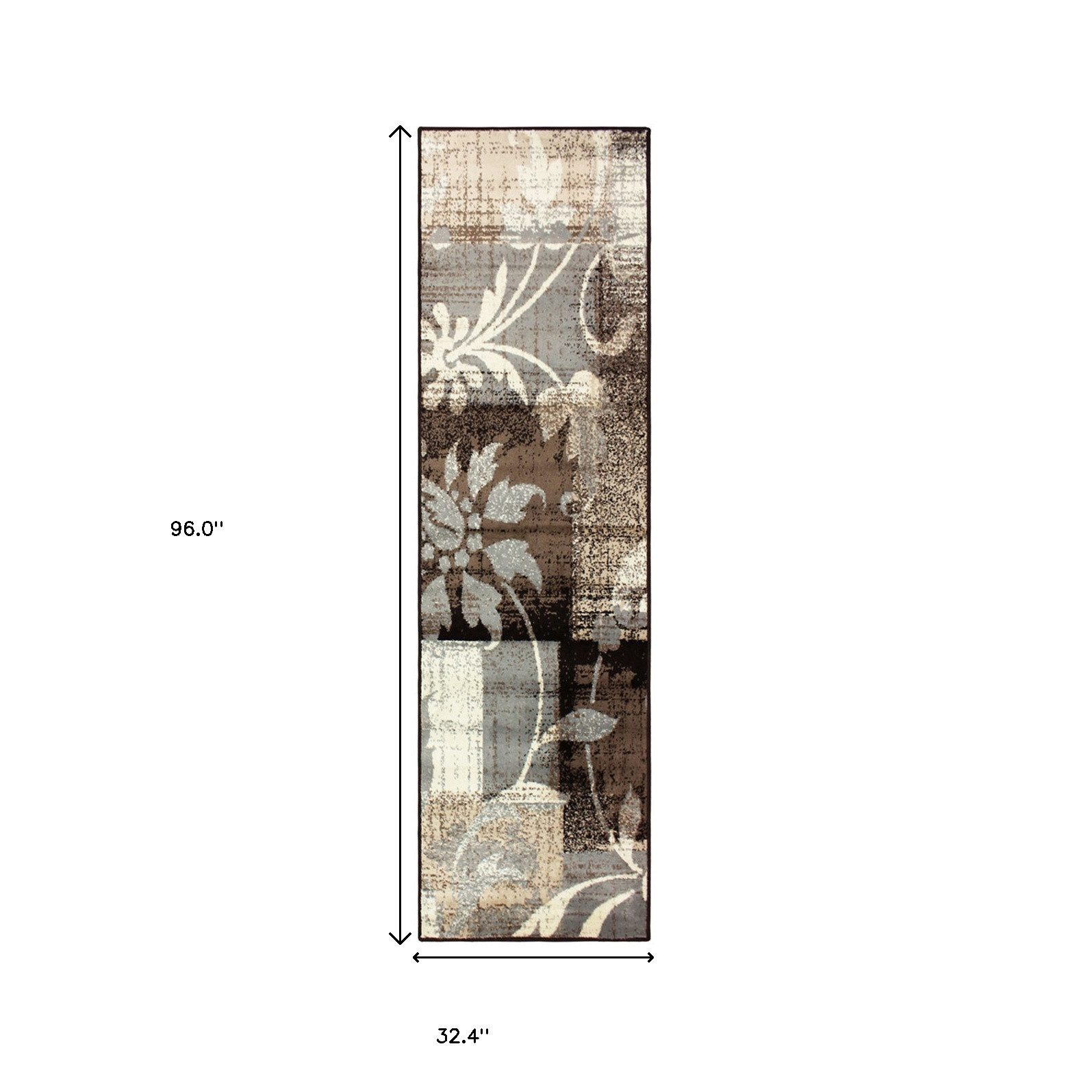 8′ Beige Brown and Gray Floral Distressed Runner Rug