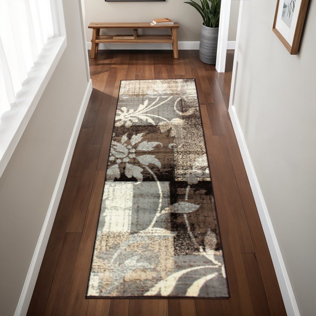 8′ Beige Brown and Gray Floral Distressed Runner Rug