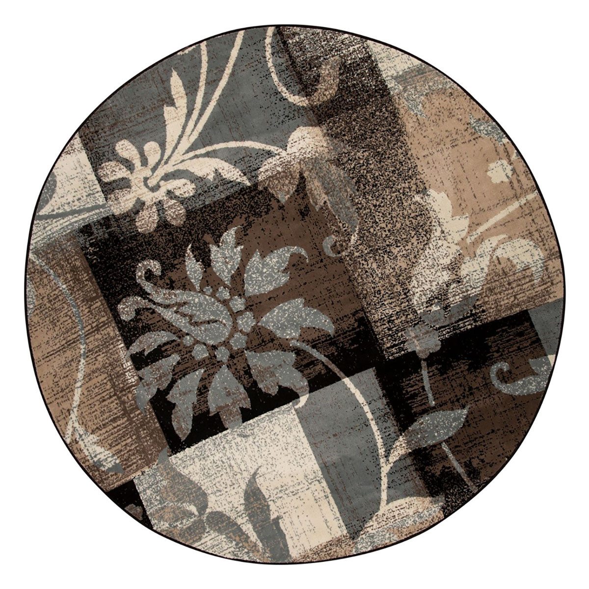 5′ Beige Brown and Gray Floral Distressed Round Rug