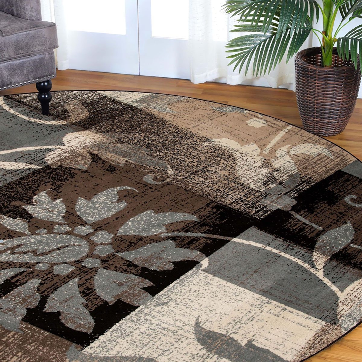 5′ Beige Brown and Gray Floral Distressed Round Rug