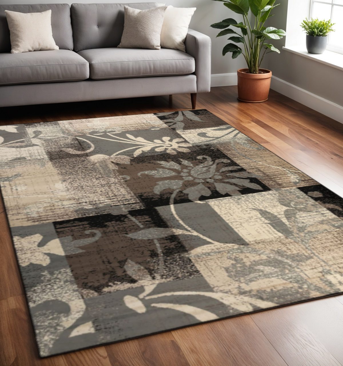 5′ X 8′ Beige Brown Gray Floral Distressed Area Rug