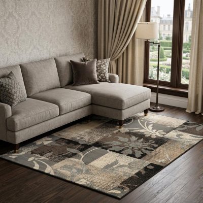 8′ X 10′ Beige Brown Gray Floral Distressed Area Rug