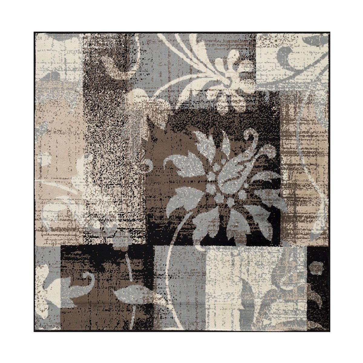 8′ Beige Brown and Gray Floral Distressed Square Rug