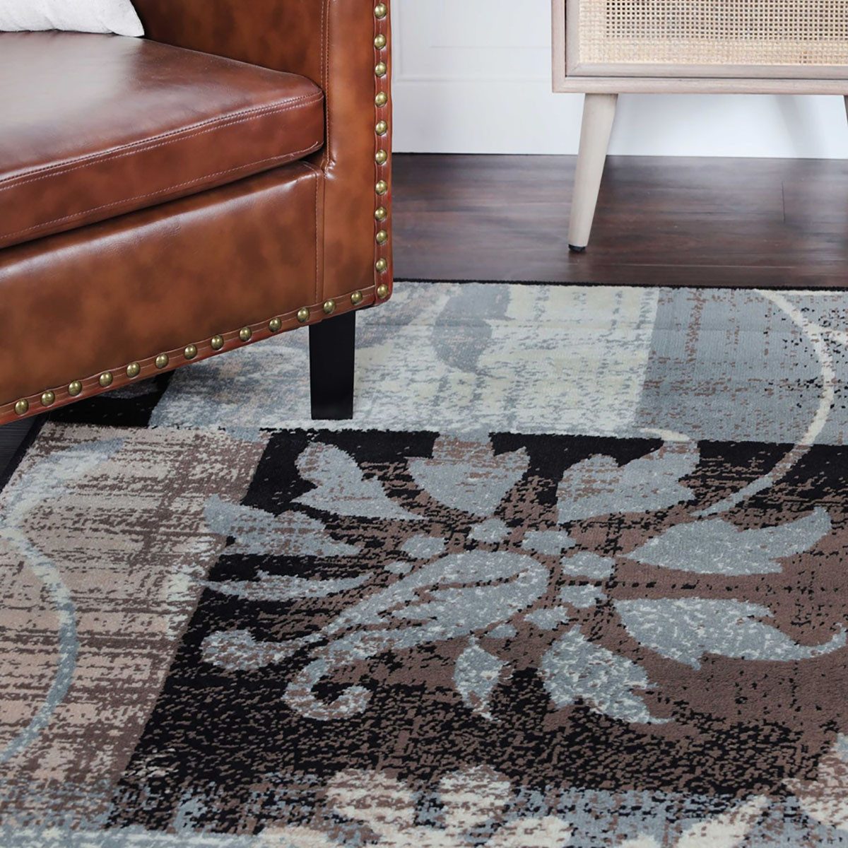 8′ Beige Brown and Gray Floral Distressed Square Rug