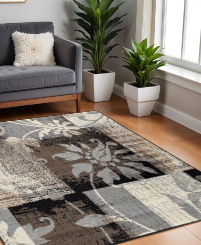 8′ Beige Brown and Gray Floral Distressed Square Rug