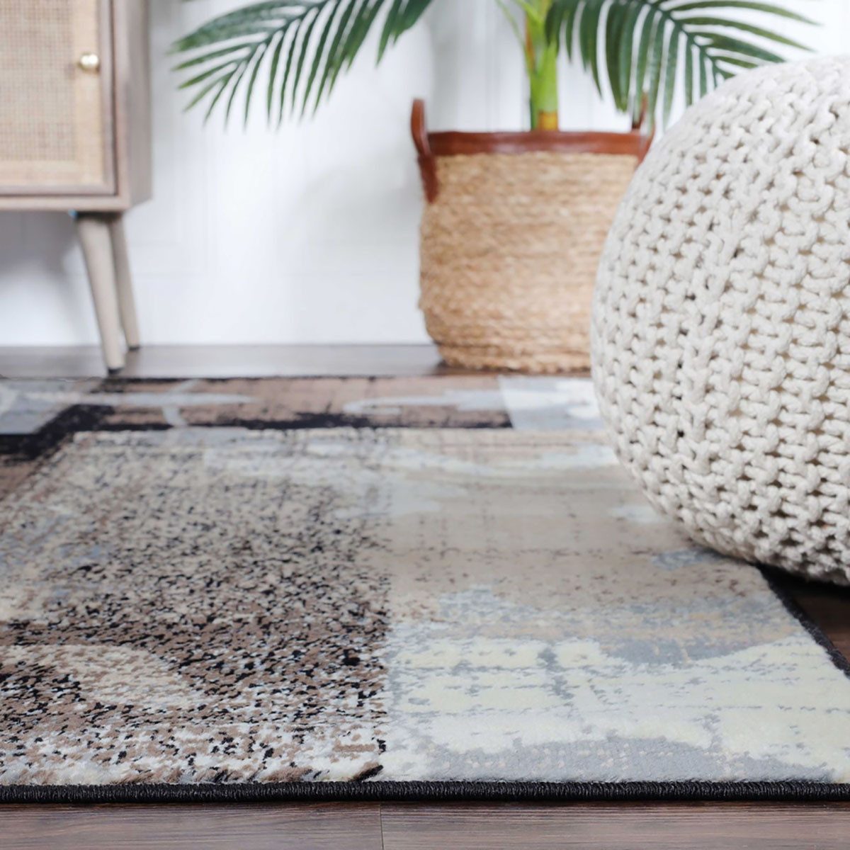 8′ Beige Brown and Gray Floral Distressed Square Rug