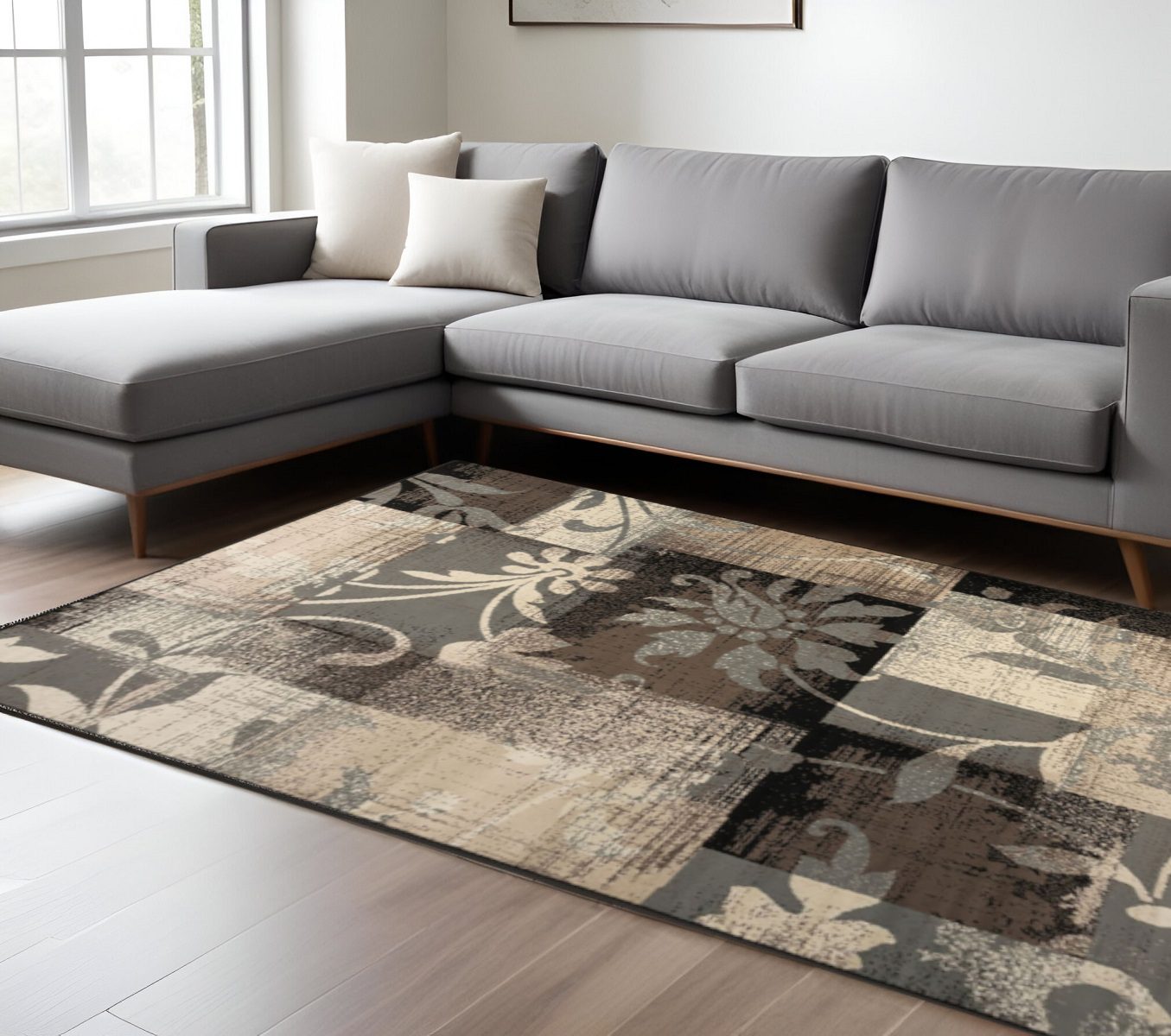 9′ X 12′ Beige Brown And Gray Floral Area Rug