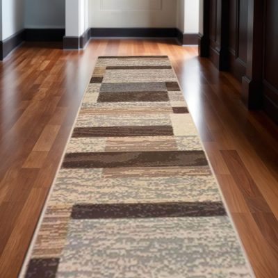 12′ Beige Slate Gray and Brown Patchwork Runner Rug