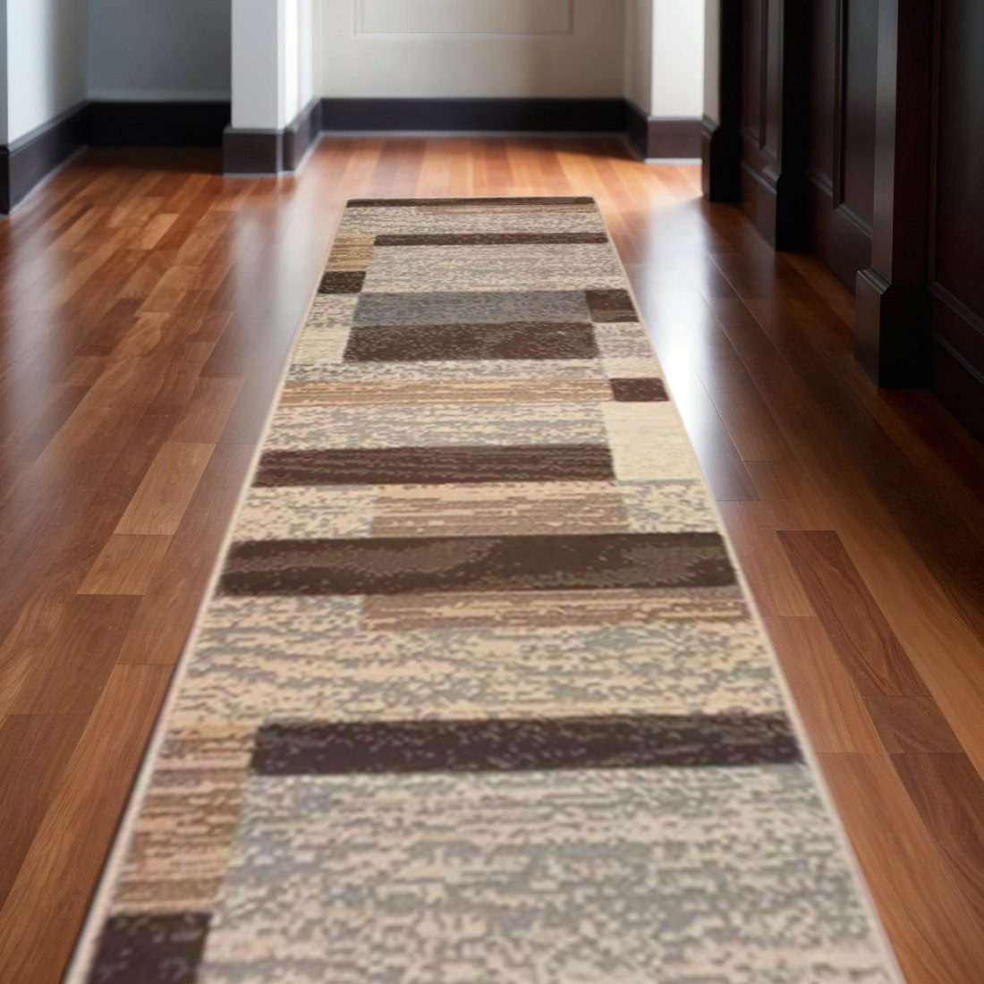 12′ Beige Slate Gray and Brown Patchwork Runner Rug
