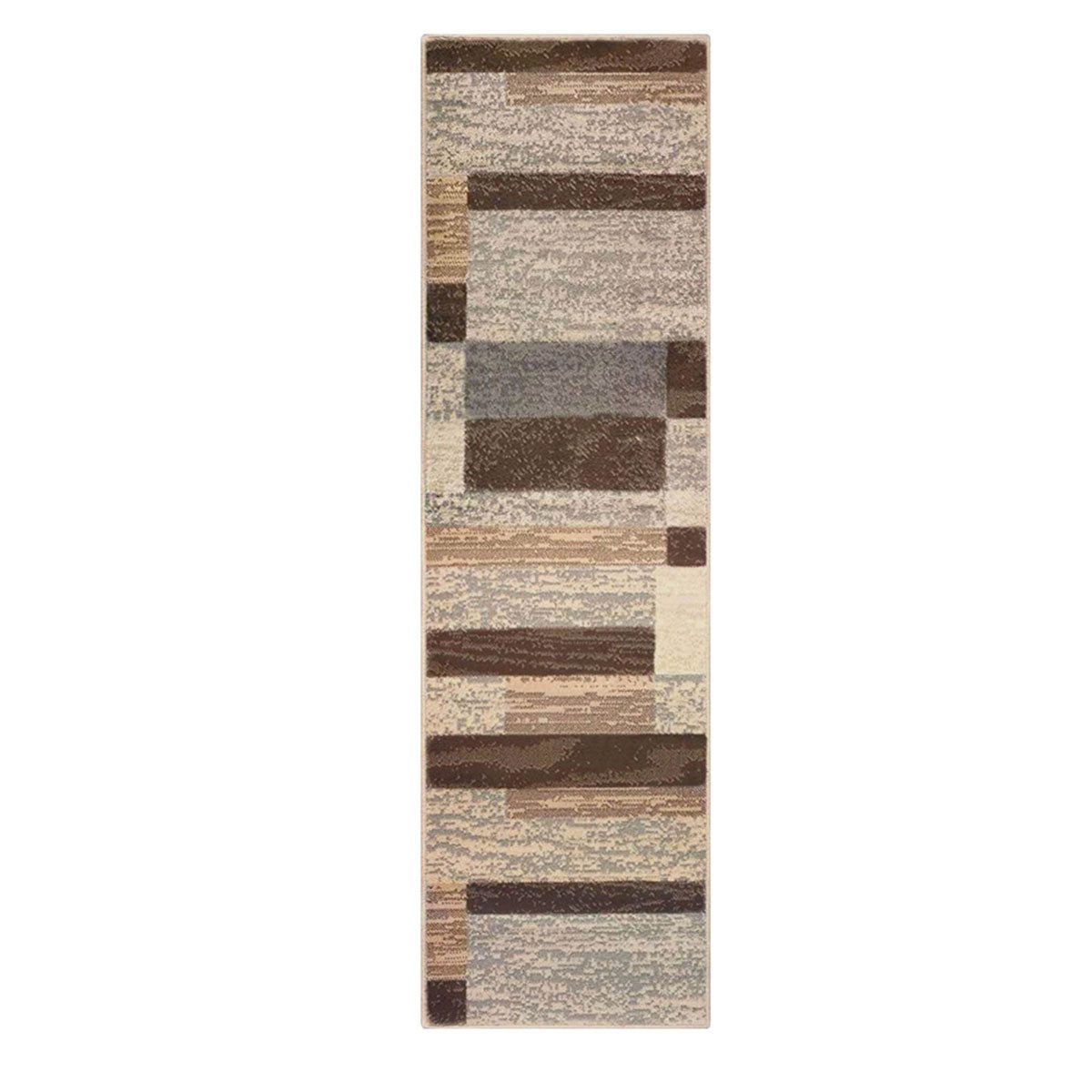 8′ Beige Slate Gray and Brown Patchwork Runner Rug