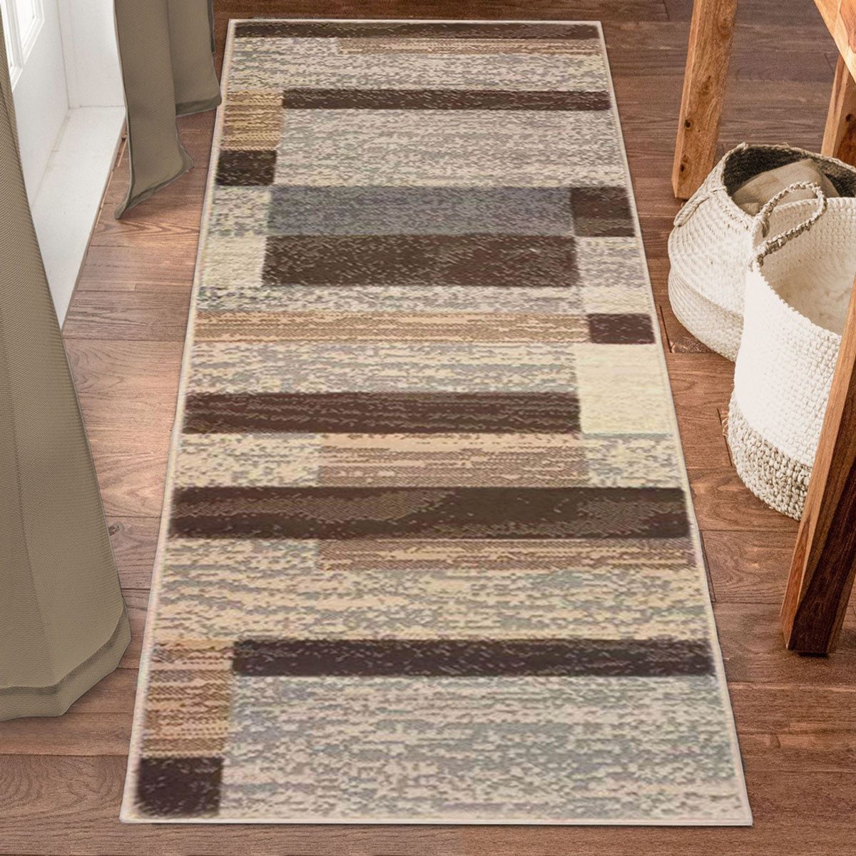 8′ Beige Slate Gray and Brown Patchwork Runner Rug