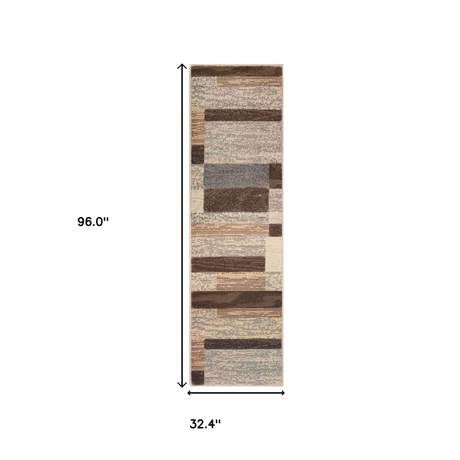 8′ Beige Slate Gray and Brown Patchwork Runner Rug