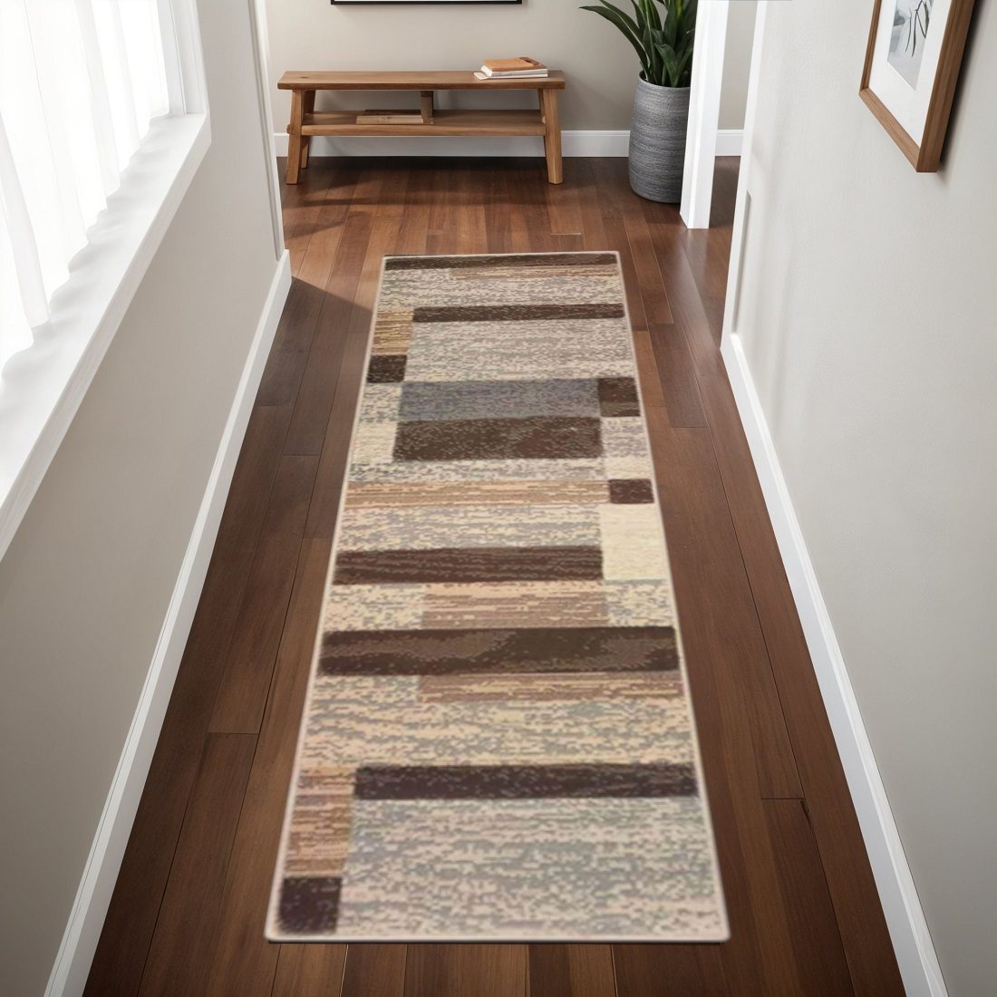 8′ Beige Slate Gray and Brown Patchwork Runner Rug