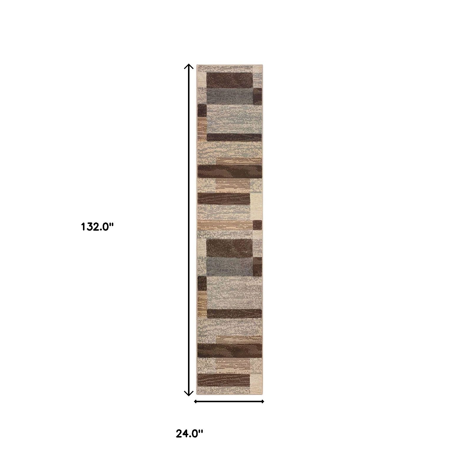11′ Beige Slate Gray and Brown Patchwork Runner Rug