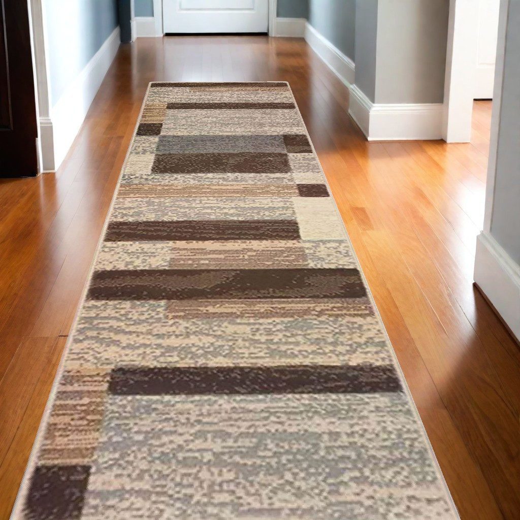 11′ Beige Slate Gray and Brown Patchwork Runner Rug