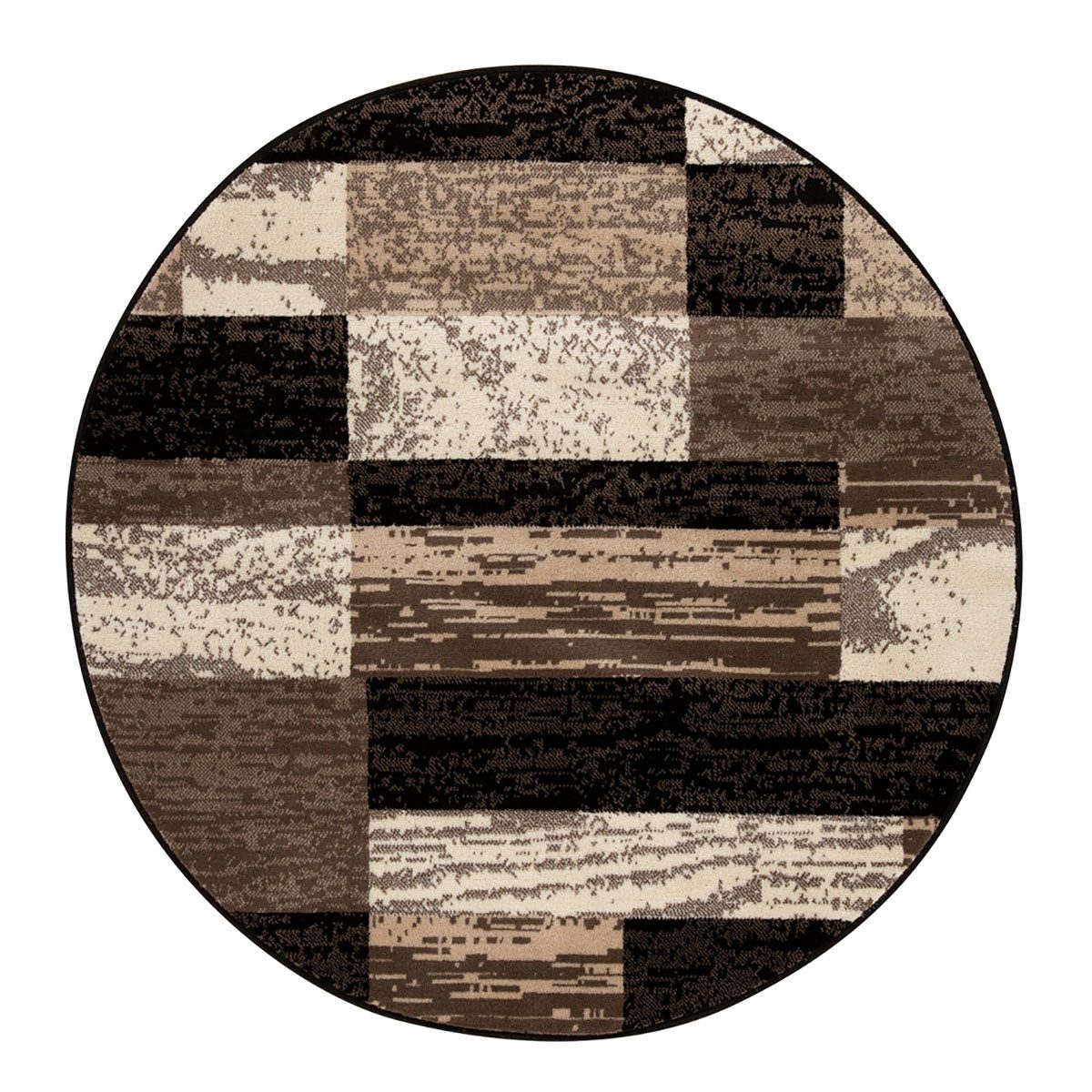 Black Brown And Beige Patchwork Polypropylene Area Rug, 5′ Round