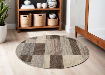 5′ Beige Slate Gray and Brown Patchwork Round Rug