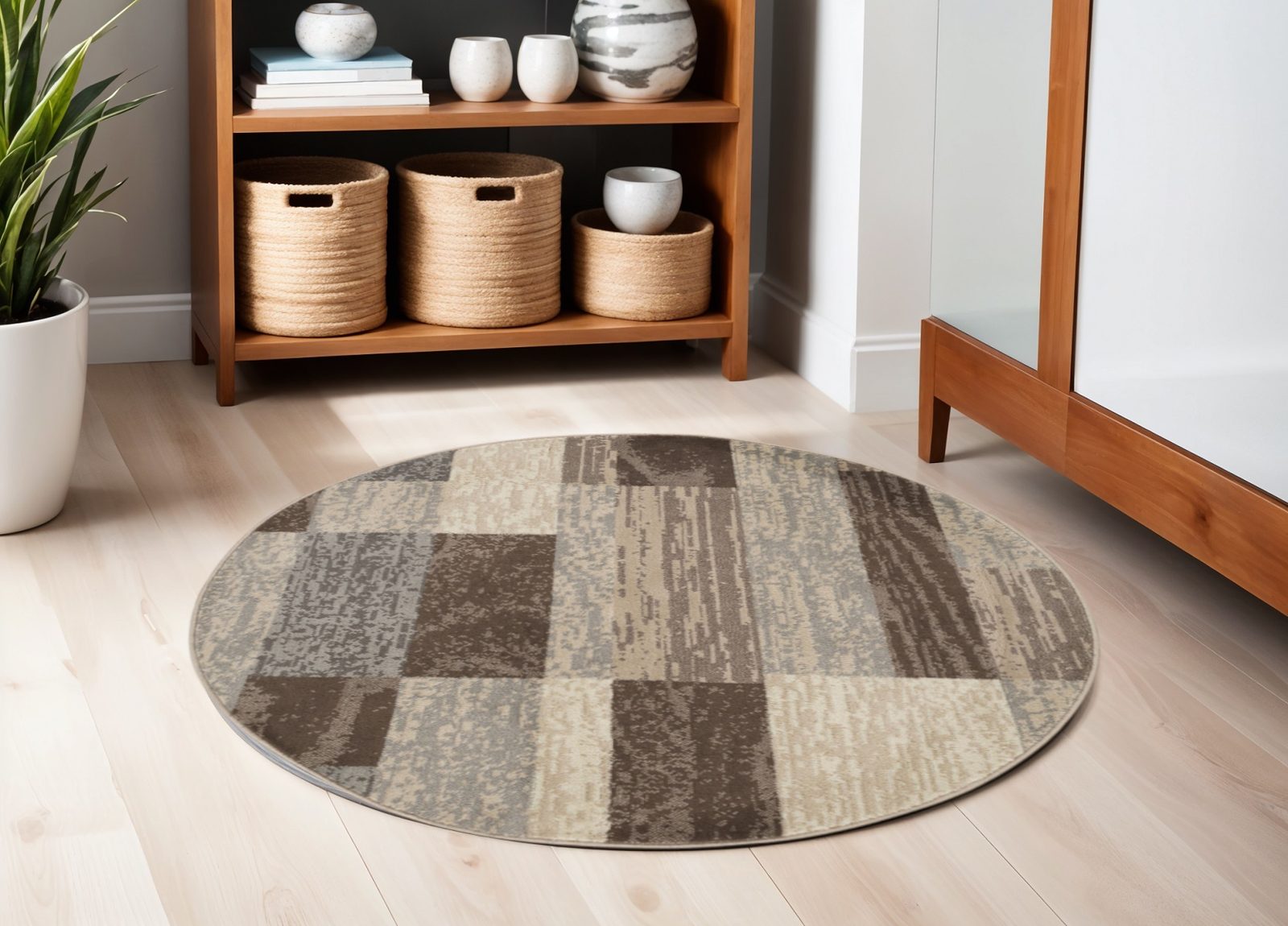 5′ Beige Slate Gray and Brown Patchwork Round Rug