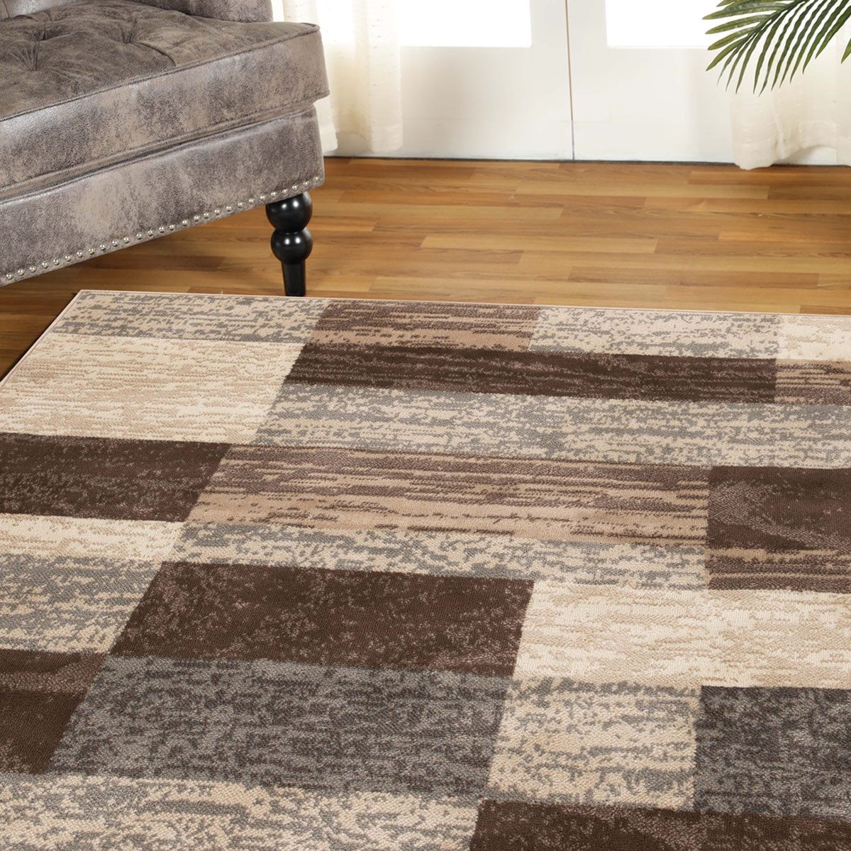 5′ Beige Slate Gray and Brown Patchwork Square Rug