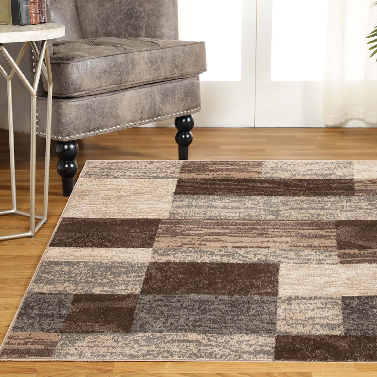5′ Beige Slate Gray and Brown Patchwork Square Rug