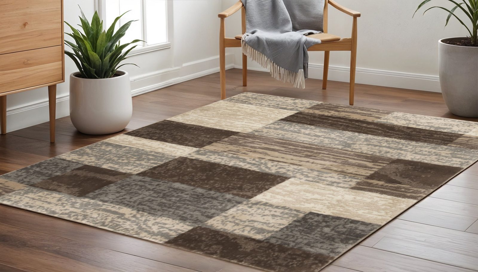 5′ Beige Slate Gray and Brown Patchwork Square Rug