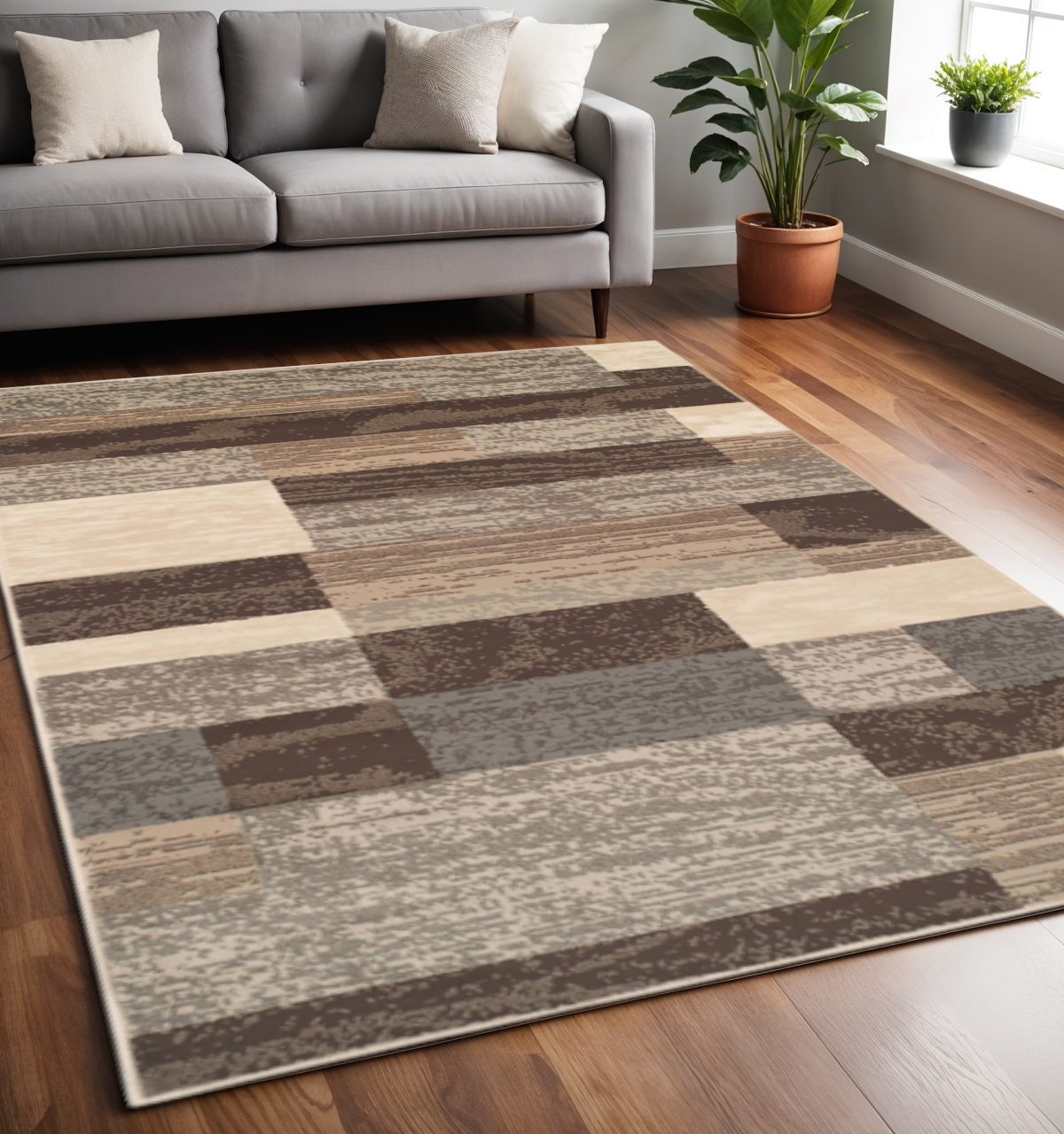 5′ X 8′ Beige Slate Gray Brown Patchwork Area Rug