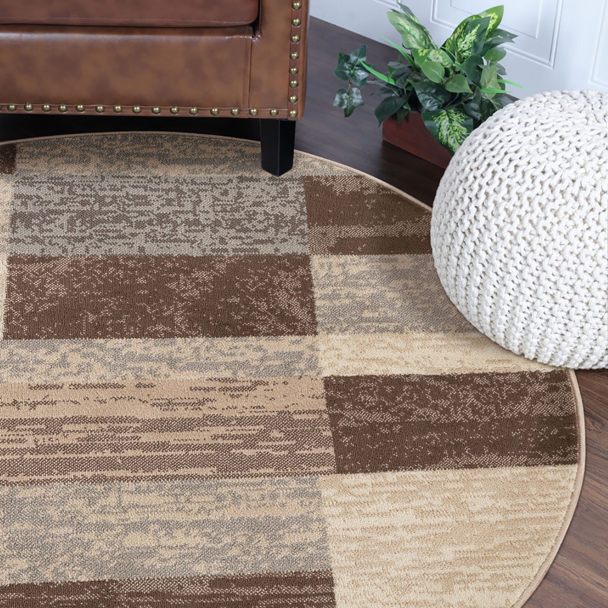 8′ Beige Slate Gray and Brown Patchwork Round Rug