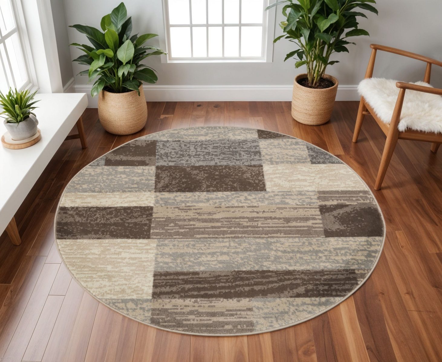 8′ Beige Slate Gray and Brown Patchwork Round Rug