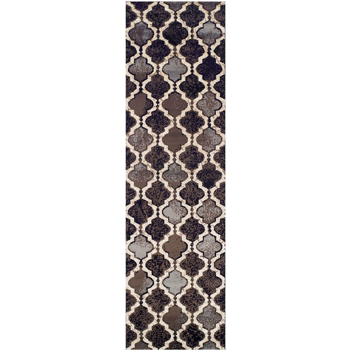 10′ Brown Black and Ivory Quatrefoil Distressed Runner Rug