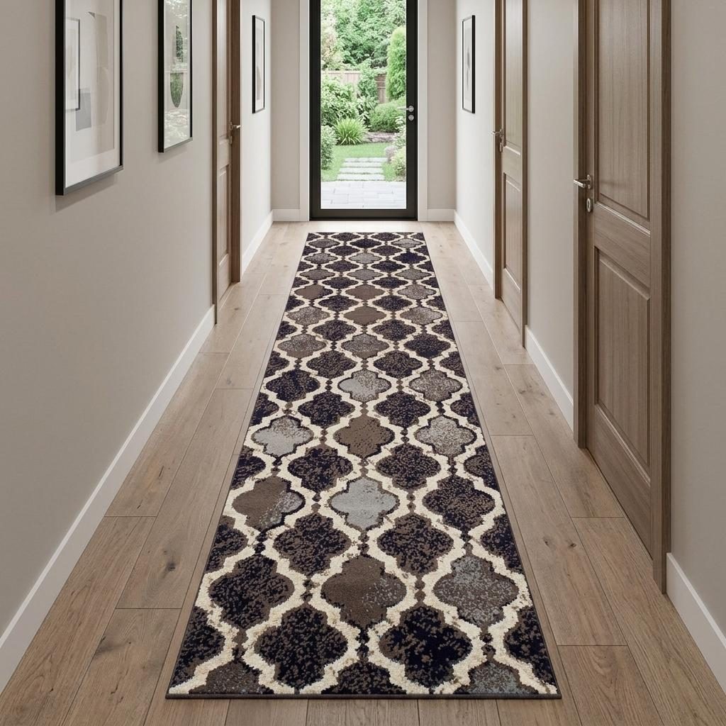 10′ Brown Black and Ivory Quatrefoil Distressed Runner Rug