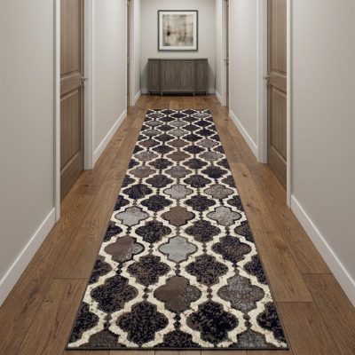 12′ Brown Black and Ivory Quatrefoil Distressed Runner Rug