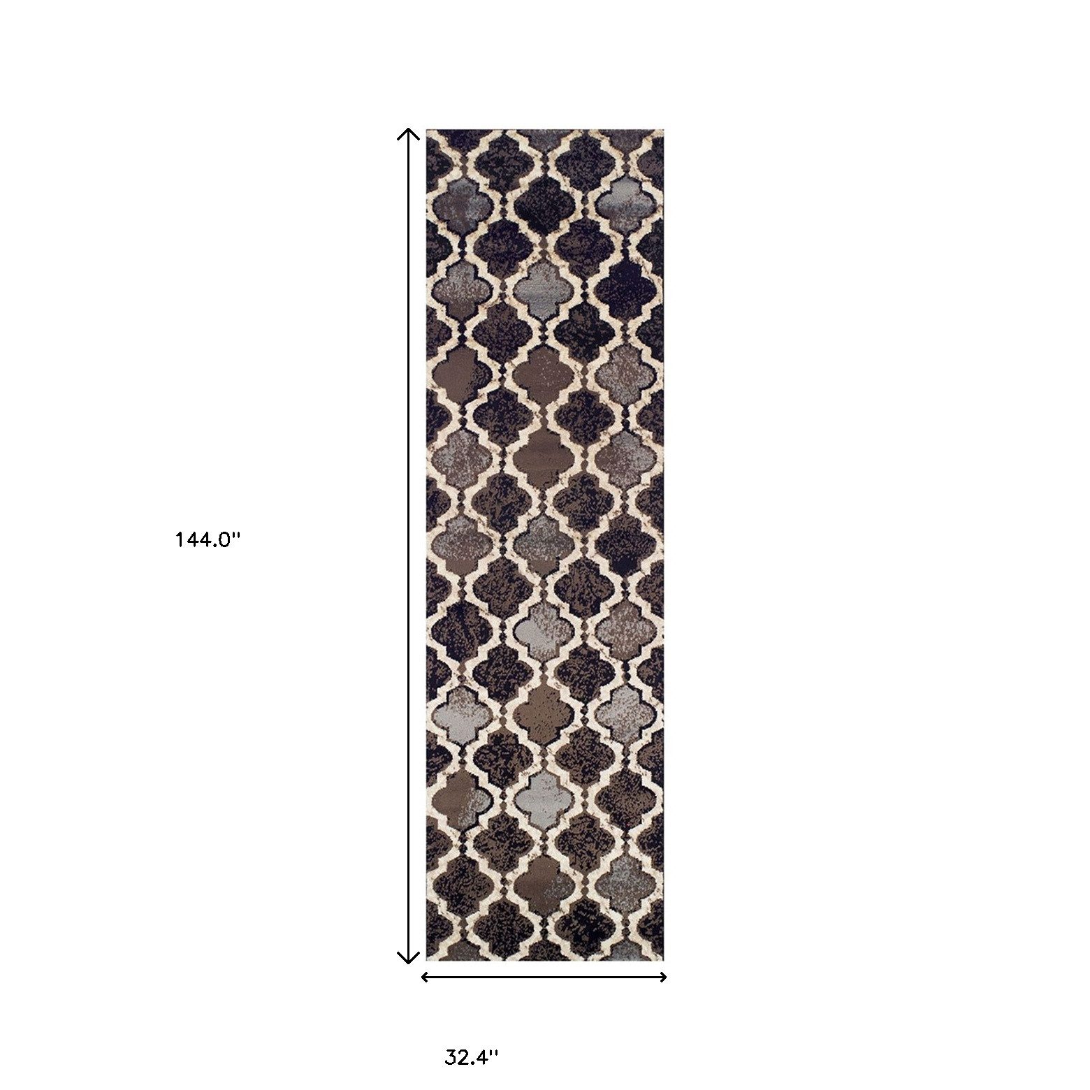 12′ Brown Black and Ivory Quatrefoil Distressed Runner Rug