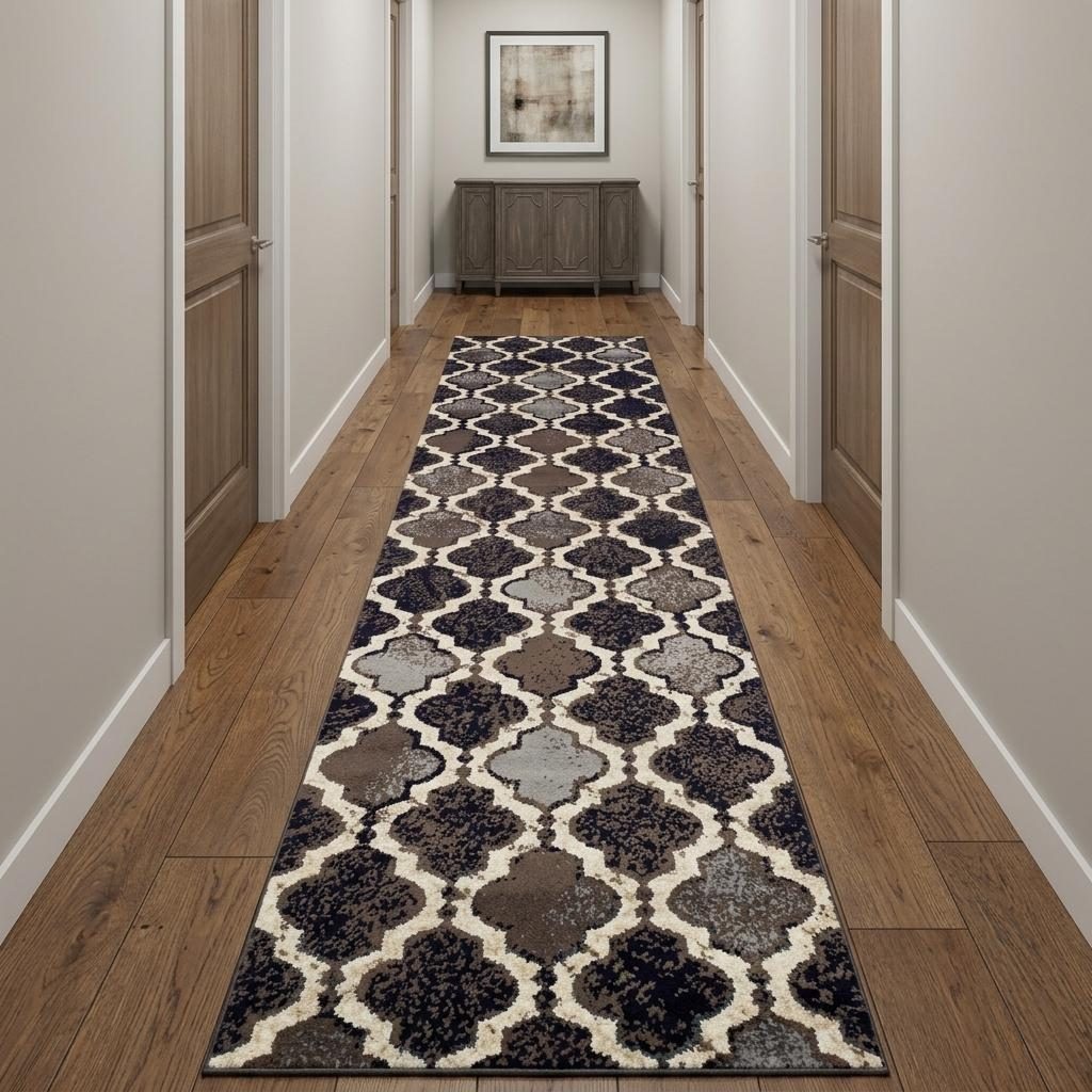 12′ Brown Black and Ivory Quatrefoil Distressed Runner Rug